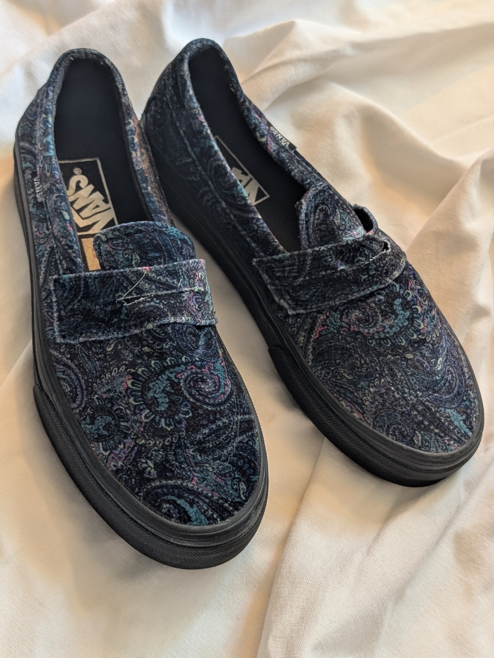 Vans Women’s Paisley Slip-On Loafers in Black with Blue and Purple Accents